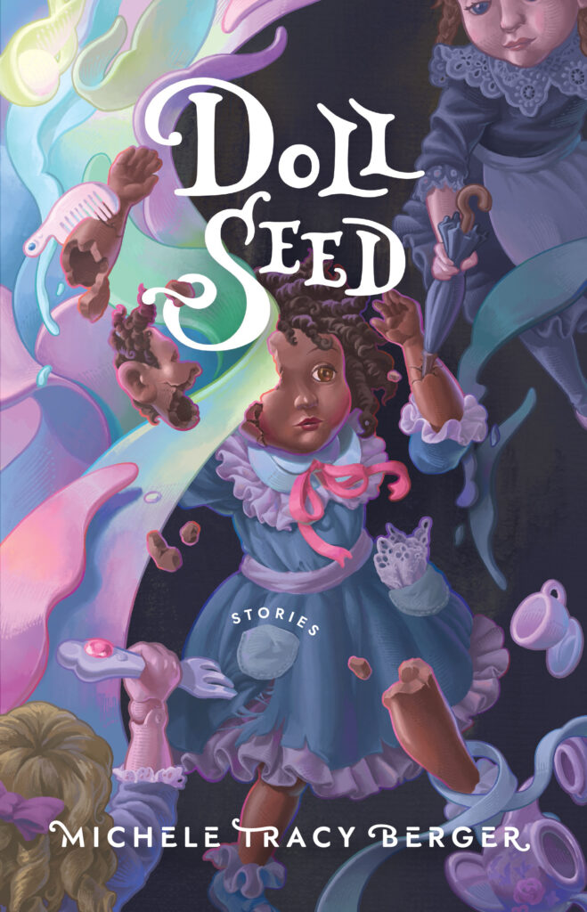 Doll Seed book cover: a doll is breaking off into pieces while two other dolls stab her, a tea set is flying around; the colors are pastel blues, purples and light greens