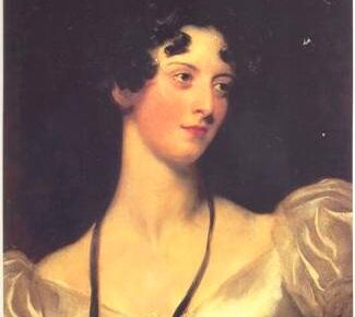 Book cover: Emma by Jane Austen; pale austere woman with rosy cheeks and short brown ringlet curls wearing a long necklace and low-cut gown